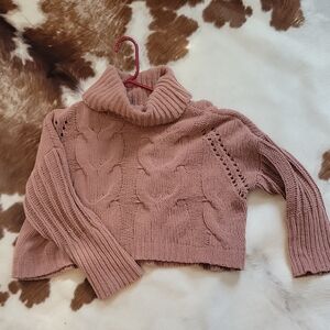 Cozy Cropped Cable Knit Turtleneck Sweater - Dusty Rose